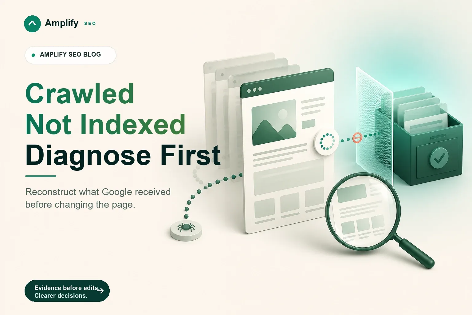 A rendered webpage pauses between a completed crawl path and an index archive while an inspection lens checks the received page